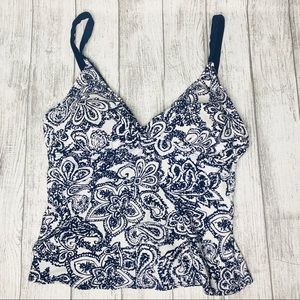 Beach Native tankini swim top. Navy blue & white. Size 10. Straps do not adjust